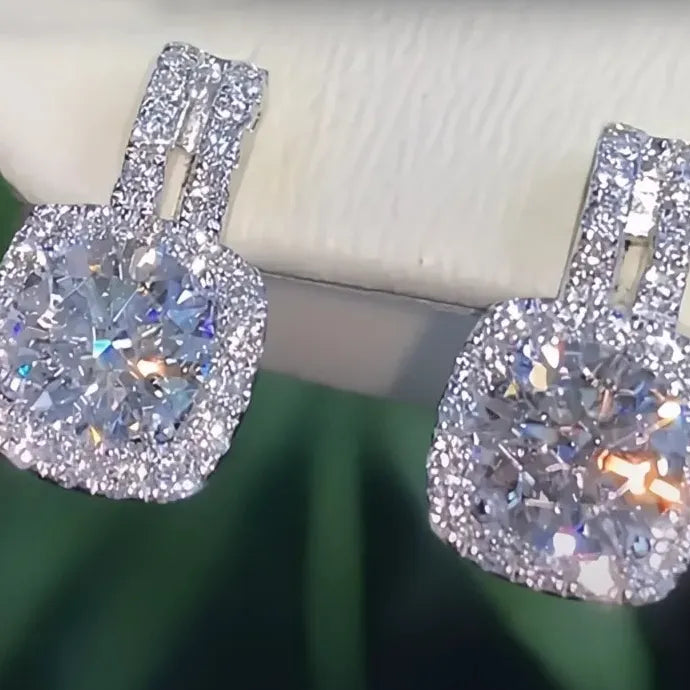 Silver Geometric CZ Stud Earrings Women Bling AAA Zirconia Jewelry Brass