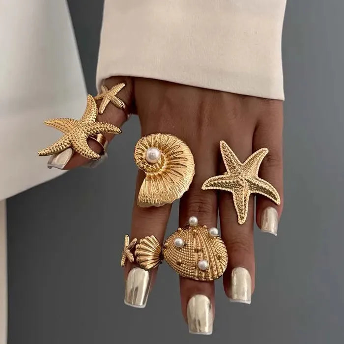 6Pcs Vintage Gold Starfish Pearl Knuckle Rings Set for Women Jewelry