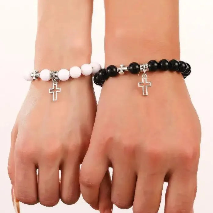 2Pcs Pink Crystal Beads Cross Bracelets Natural Stone Couple Jewelry Gift Set