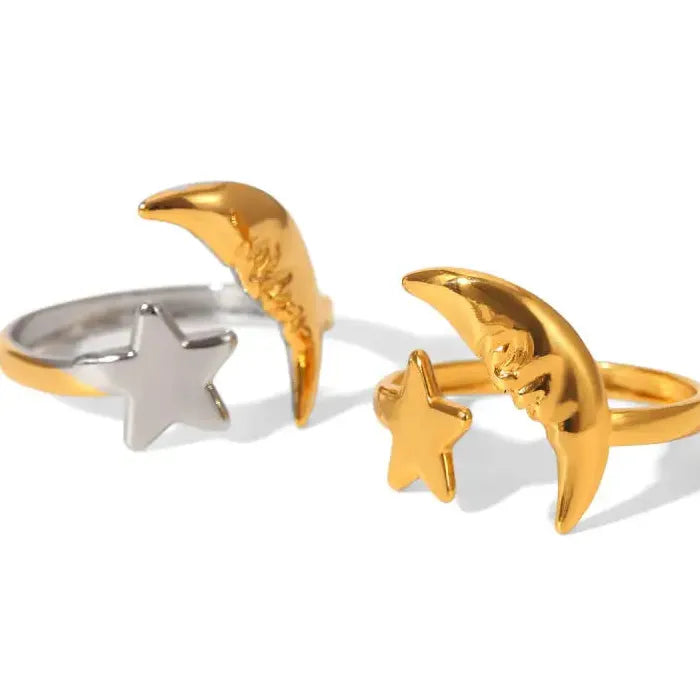 Adjustable Stainless Steel Moon Star Open Ring Unisex Gold Silver Gift Jewelry