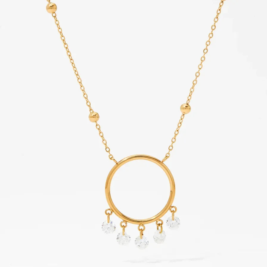 Minimalist Big Circle Zircon Pendant Necklace 18K Gold Plated Crystal Choker Waterproof Jewelry