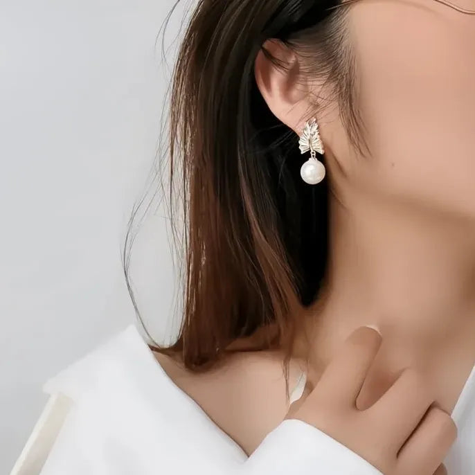 Geometric Leaf Imitation Pearl Drop Earrings for Bride Wedding Gift