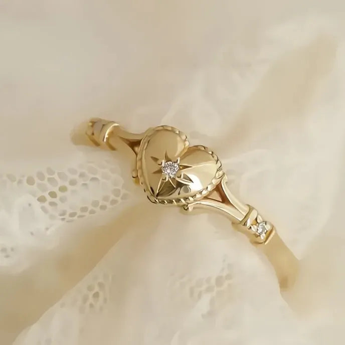 Gold Heart Ring for Women Copper Cubic Zirconia Wedding Band Engagement Jewelry