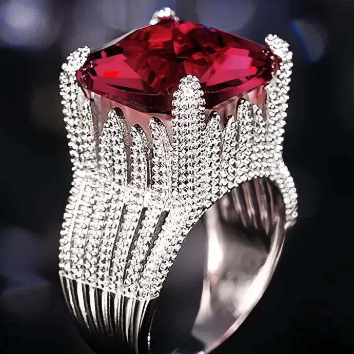 Geometric Red Cubic Zirconia Brass Wedding Ring for Women Gift Luxury