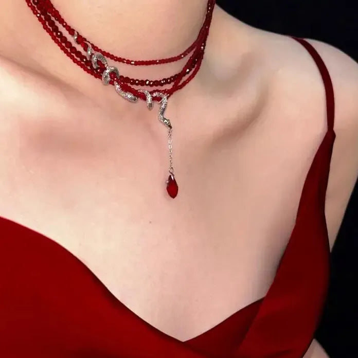 Acrylic Gothic Snake Pendant Necklace for Men Women Punk Red Crystal Beads