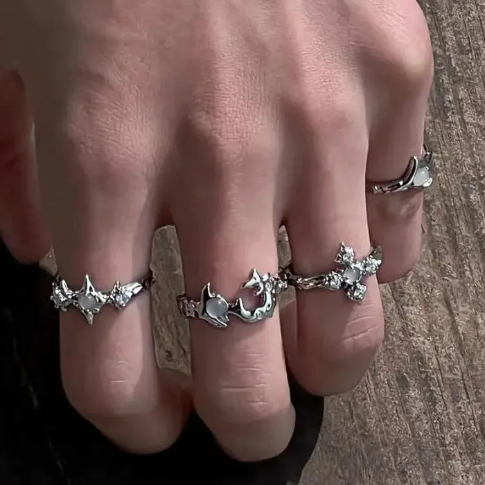 Copper Gothic Cross Ring Unisex Moonstone Irregular Punk Finger Jewelry
