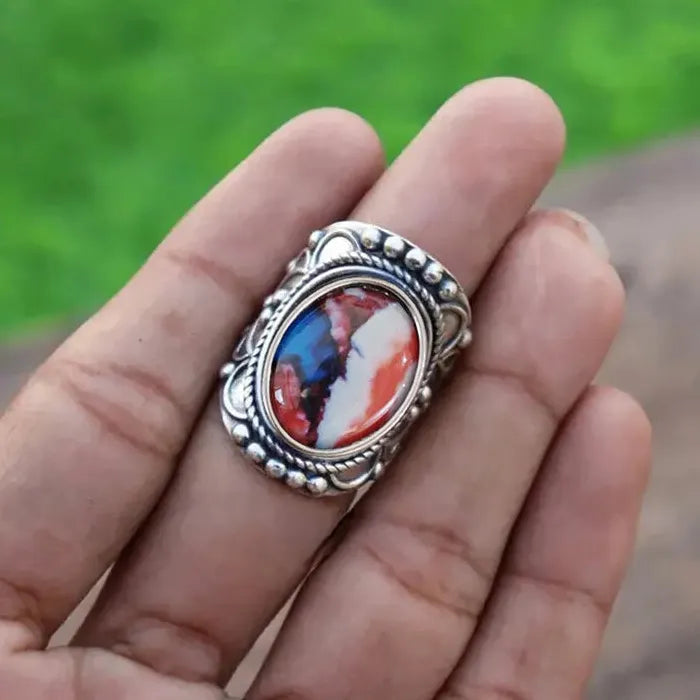 Vintage Silver Wide Face Artificial Stone Ring for Women Türkiye Wedding Jewelry