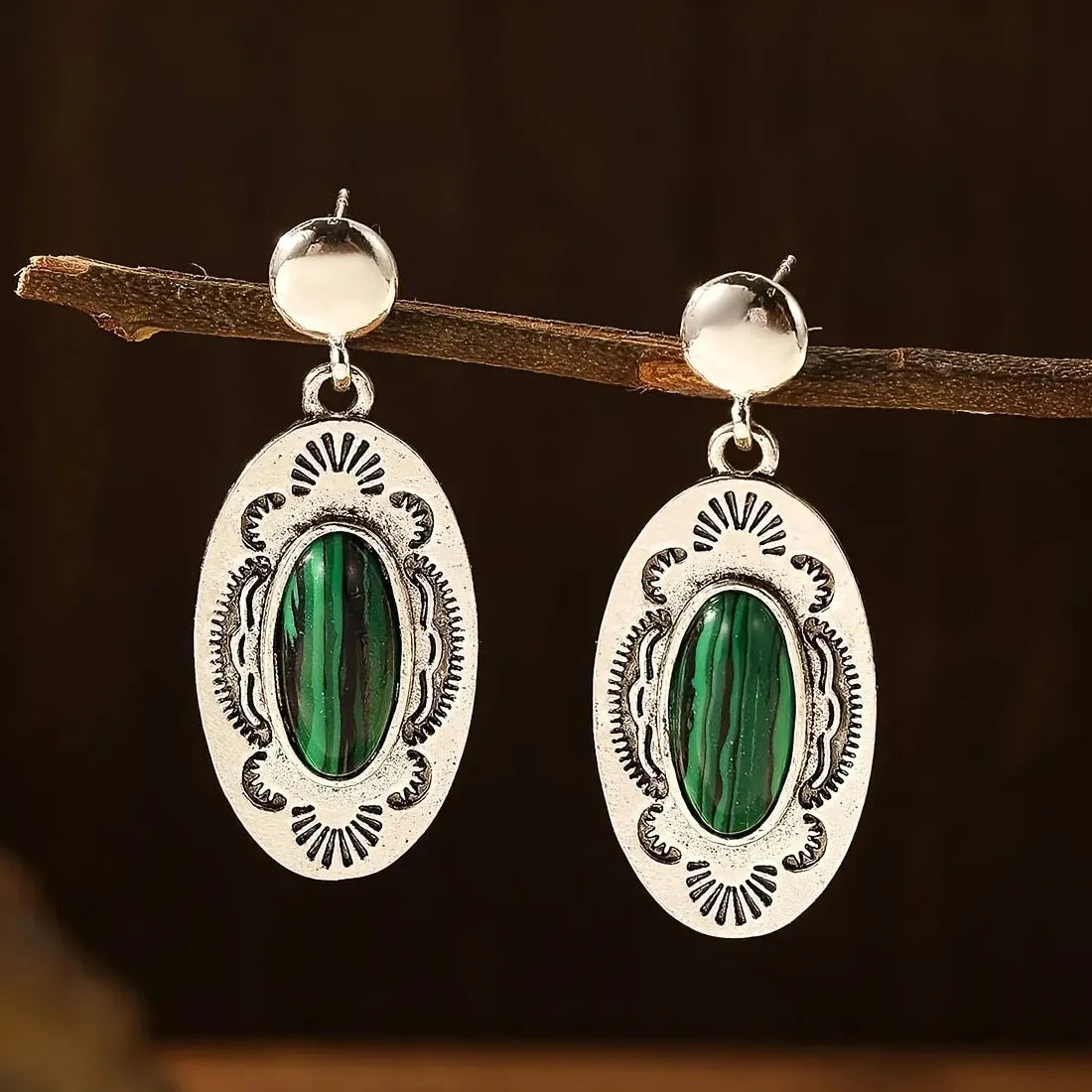 Vintage Bohemian Geometric Green Gemstone Pendant Earrings for Women Zinc Alloy