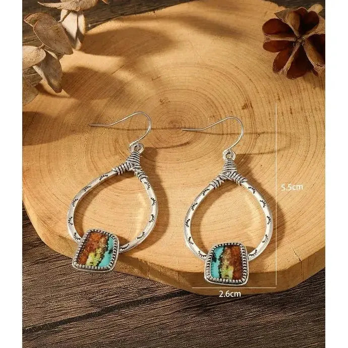 Vintage Bohemian Silver Elliptical Drop Earrings for Women Zinc Alloy Jewelry Gift