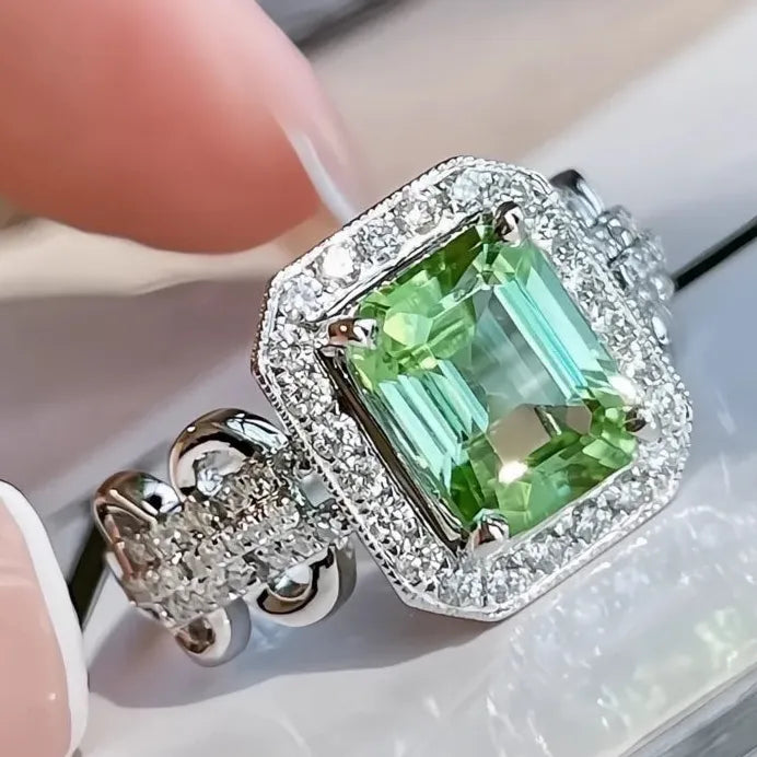 Green CZ Geometric Brass Ring for Women Wedding Party Jewelry Accessory