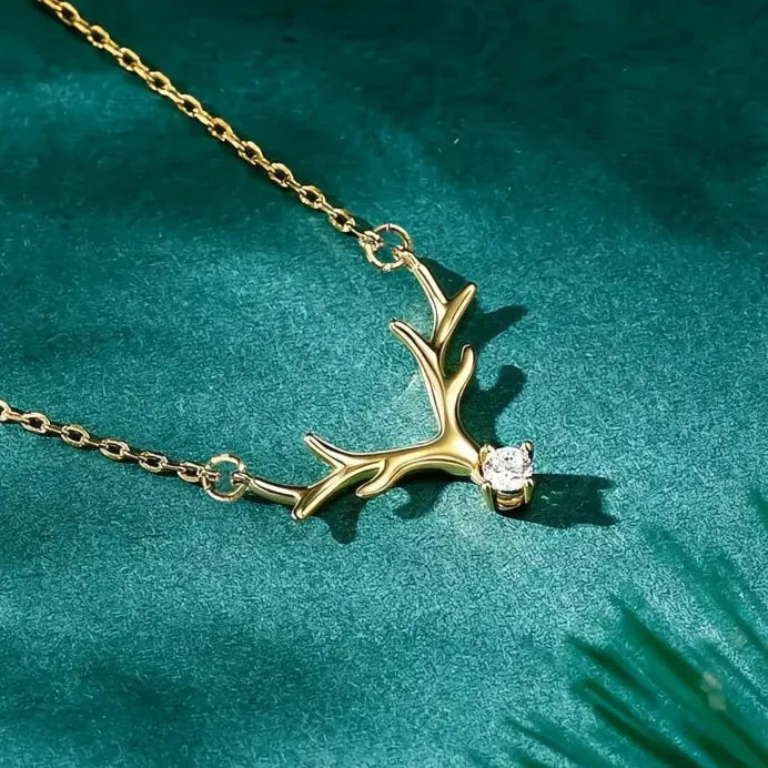 Women’s Elk Antler Pendant Necklace with Sparkling Cubic Zirconia Charm