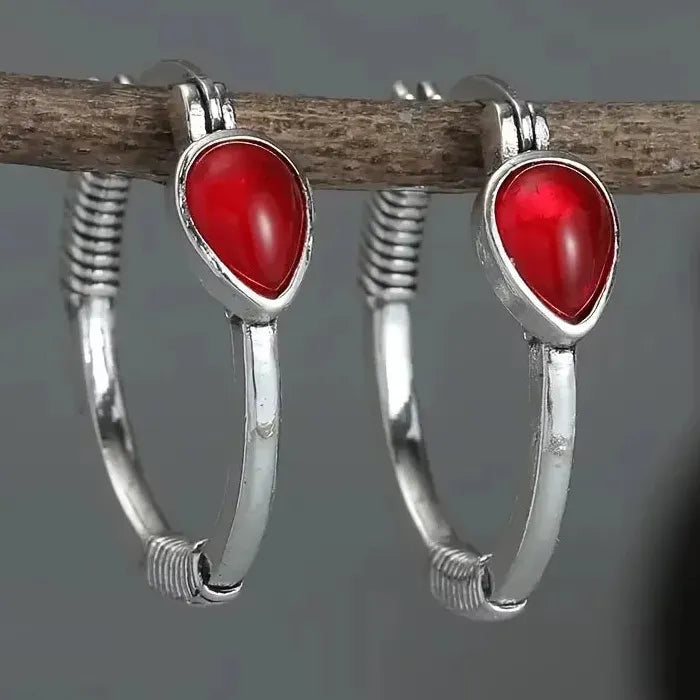 Ethnic Redstone Carving Pattern Zinc Alloy Ring Earrings Vintage Jewelry Women Banquet