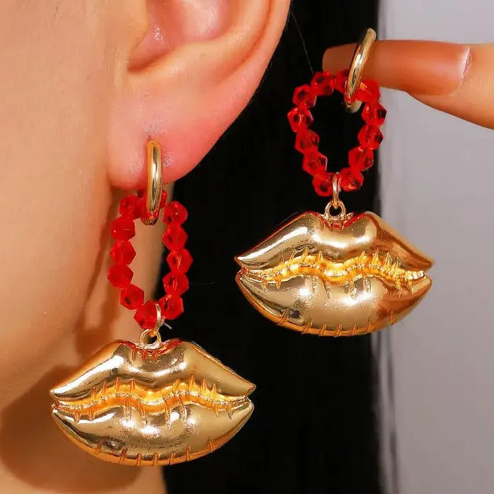 Large Red Beaded Lip Drop Earrings for Women Bold Statement Jewelry