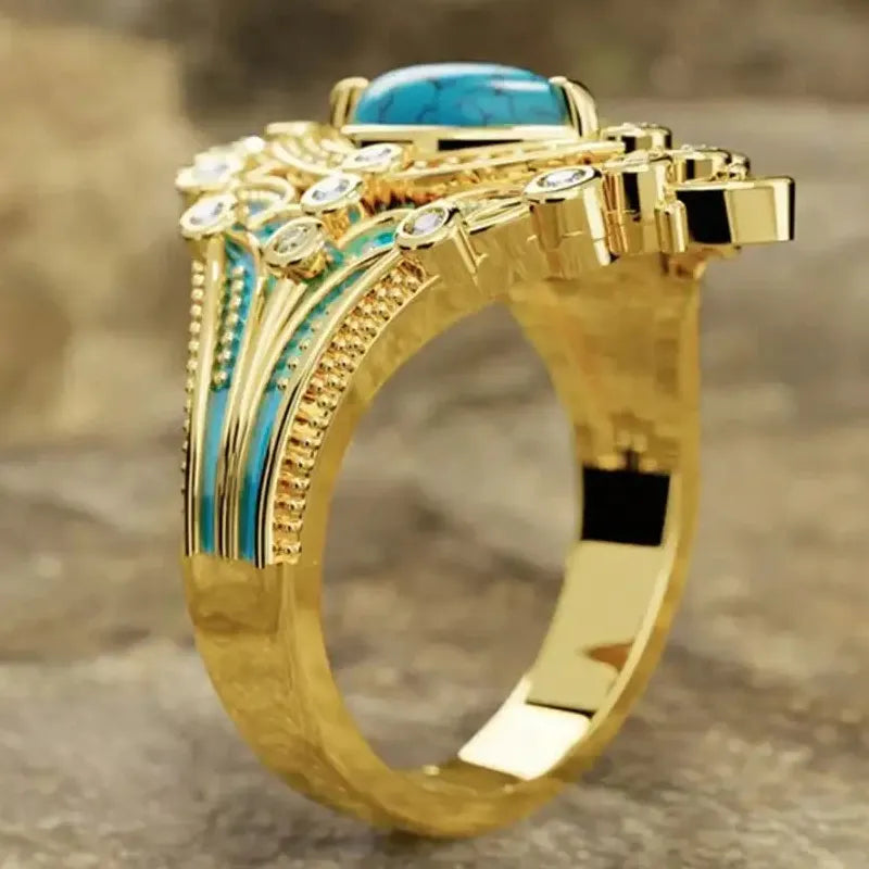 Vintage Bohemian Copper Ring for Women with Cubic Zirconia Antique Gold Carving