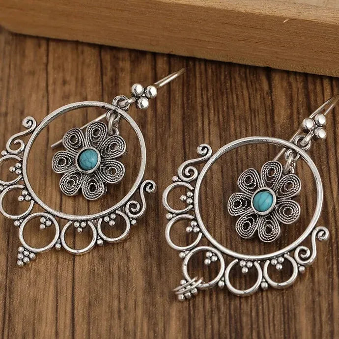 Vintage Blue Flower Hollow Drop Earrings Zinc Alloy Silver Plated Bohemian Gift