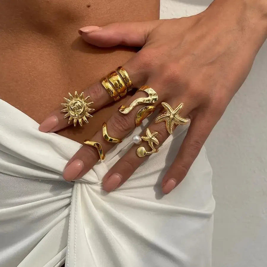 6Pcs Starfish Open Rings Punk Jewelry for Women Men Vintage Fashion Accessory