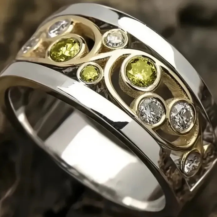 Two Tone Hollow Brass CZ Ring for Women Elegant Wedding Party Band