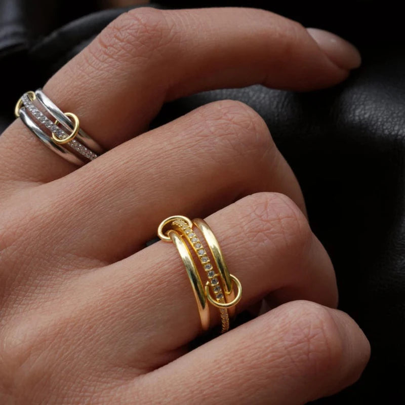 Multi Connected Triple Layer Gold CZ Zircon Punk Stacking Ring for Women