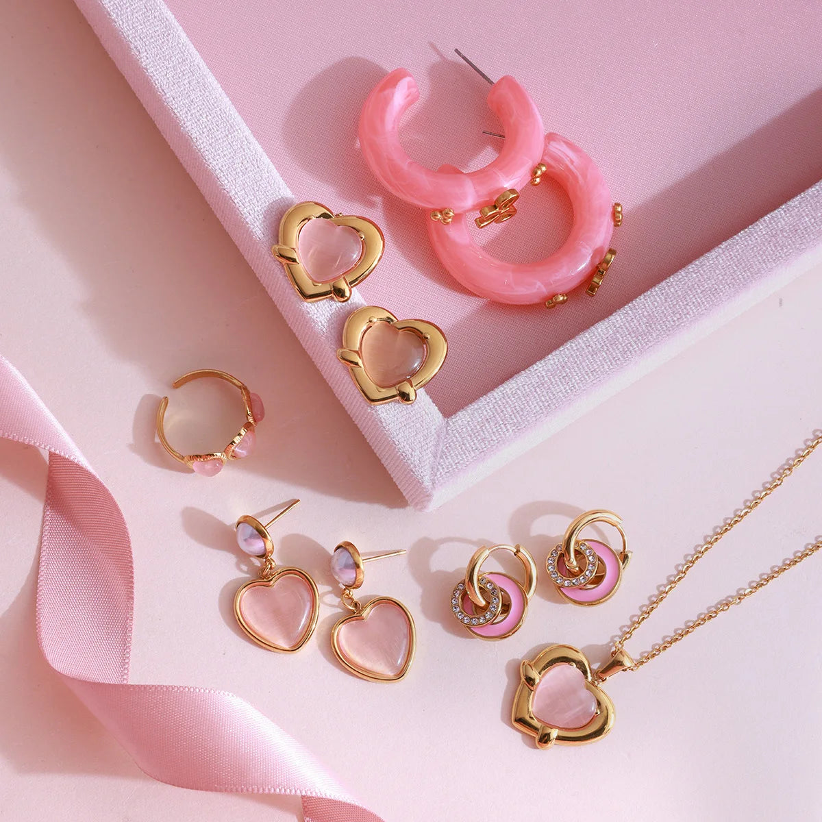 Pink Opal Love Heart Drop Earrings 18K Gold Plated Double Circle Hoops Bridal Jewelry