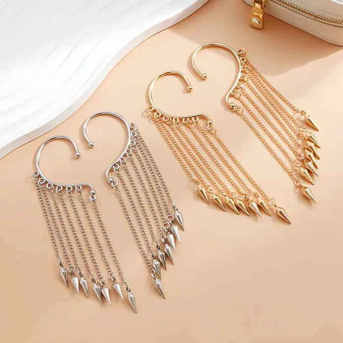 Adjustable Metal Rivet Tassel Clip-On Earrings for Women Hip-Hop Punk Jewelry