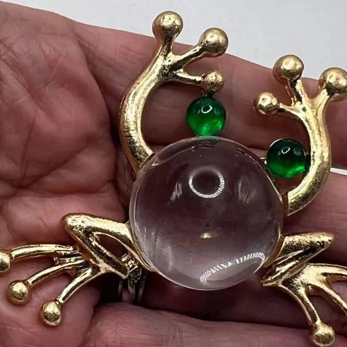 Green Lucite Frog Brooch Pin with Imitation Pearl Retro Toad for Women