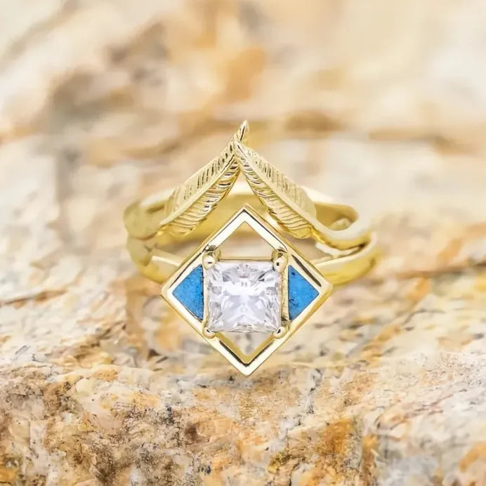 Luxury Feather Design Ring with Princess Cut Cubic Zirconia for Women