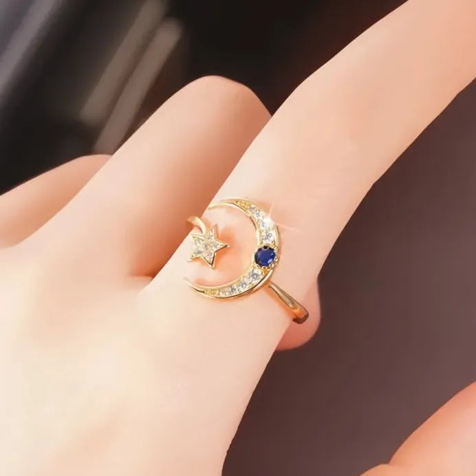 Adjustable Star and Moon Brass Ring with Cubic Zirconia for Women