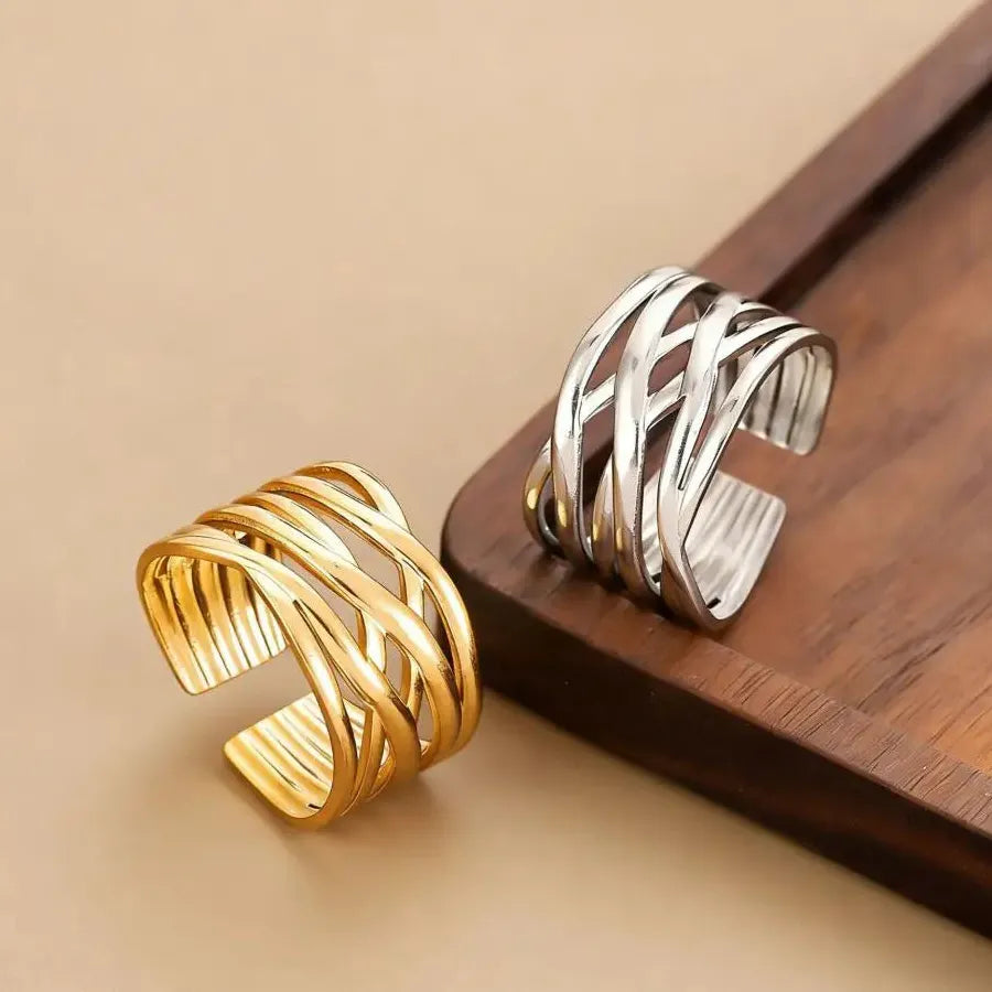 Women’s Stainless Steel Geometric Multi-Layer Line Ring Luxury Fashion Jewelry Gift