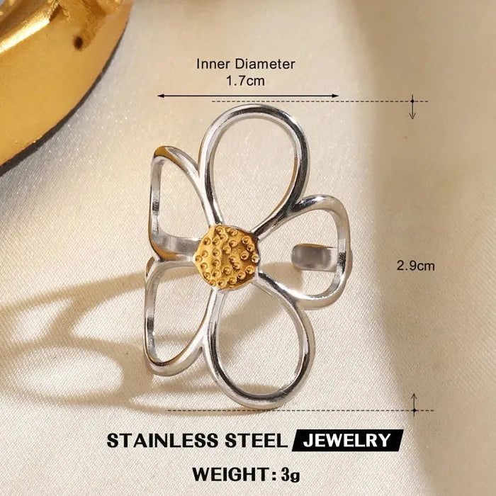 Adjustable Stainless Steel Geometric Heart Flower Ring for Women Jewelry Gift