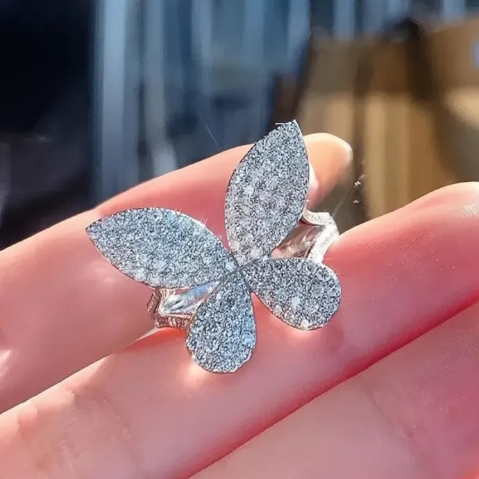 Silver Butterfly White CZ Wedding Ring Brass Geometric Band for Women
