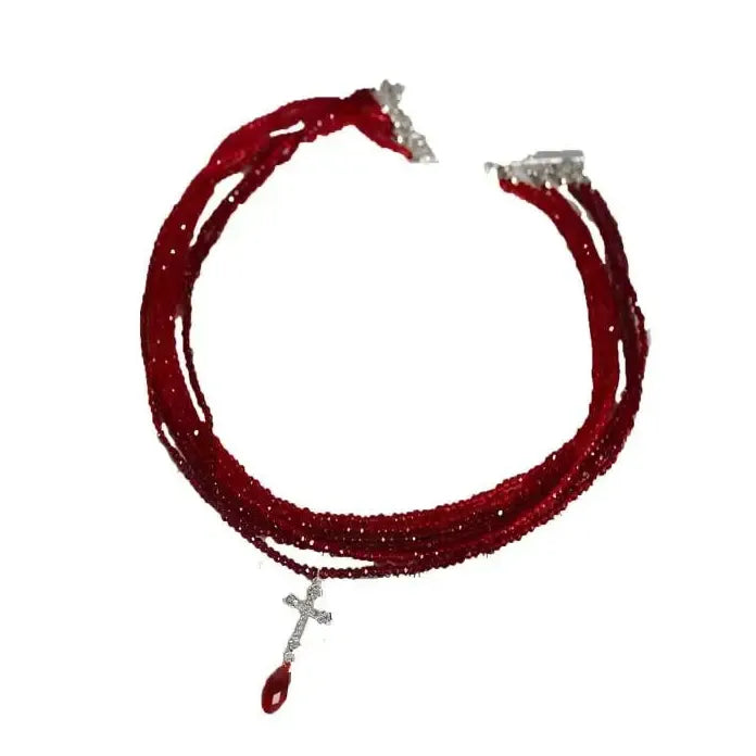 Punk Gothic Red Rhinestone Cross Crystal Pendant Choker Necklace Women