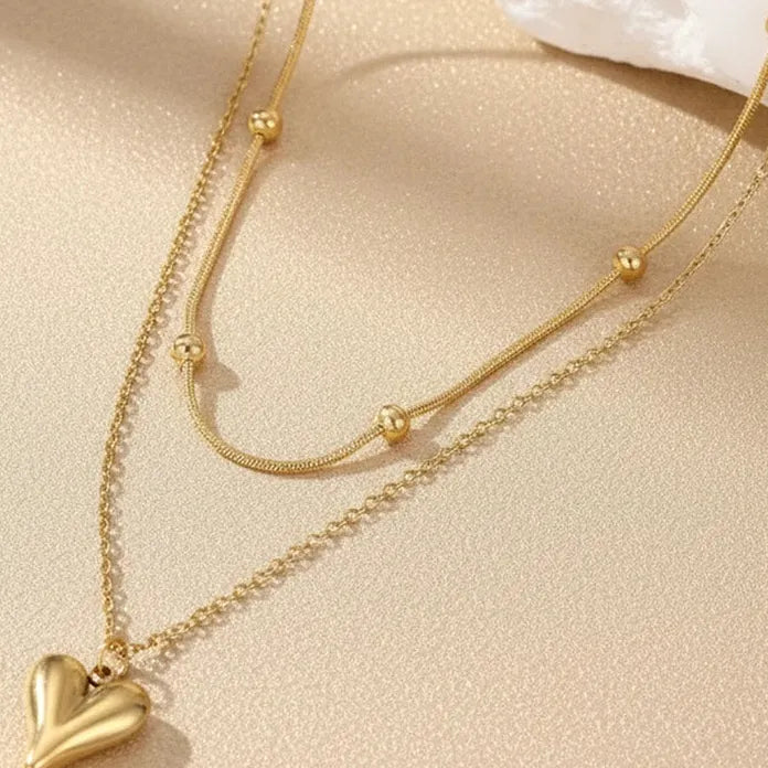 Double-Layer Stainless Steel Heart Pendant Necklace for Women Vintage Jewelry