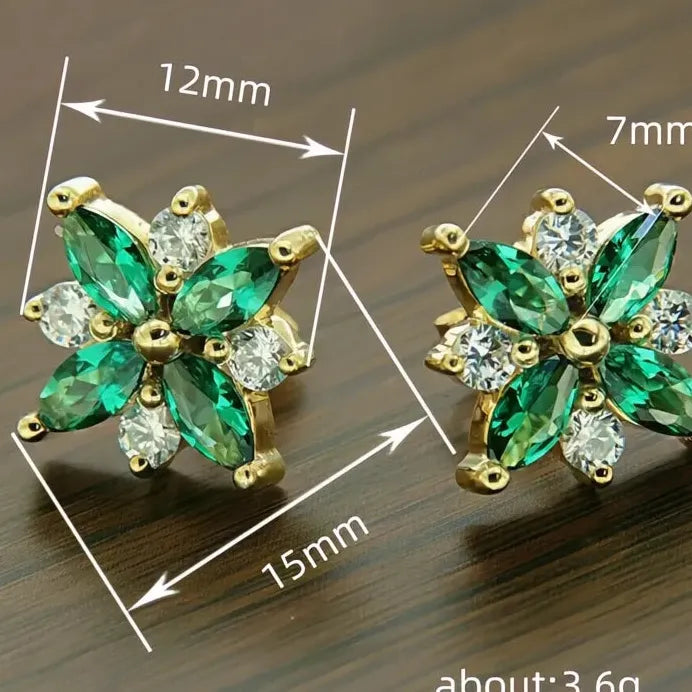 Gold Women Geometric Flower Stud Earrings with White Green CZ for Wedding