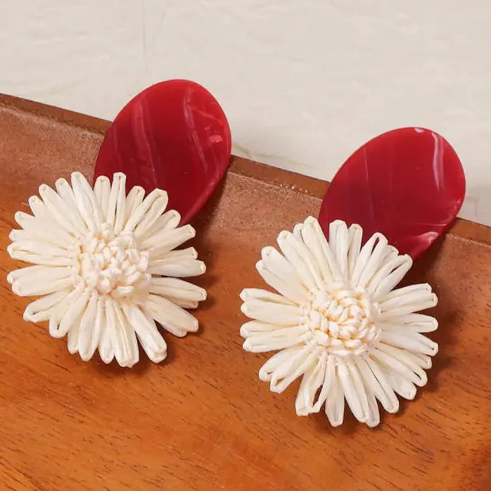 Red Geometric Acrylic Oval Drop Earrings Women Vintage Knitted White Flower Jewelry