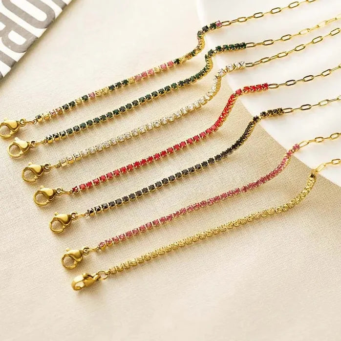 Luxury Colorful Cubic Zirconia Tennis Bracelet Women Stainless Steel Gold Chain Jewelry Gift