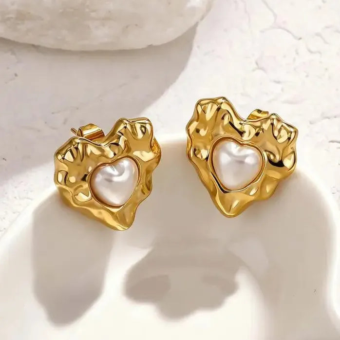 Stainless Steel Geometric Corrugated Heart Pearl Earrings for Women Stylish Jewelry
