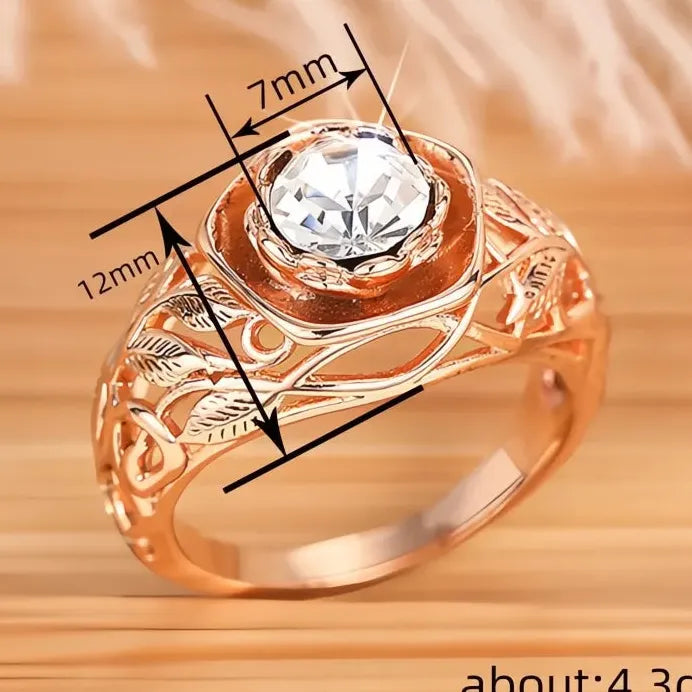Elegant Hollow Out Rose Leaf CZ Brass Cocktail Ring for Women Party Jewelry