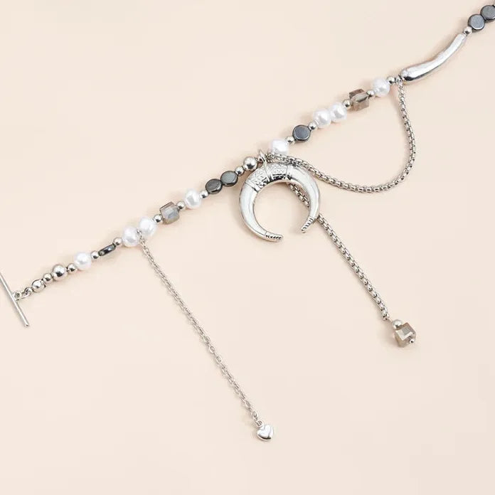 Pearl Crescent Moon Pendant Necklace for Women Zinc Alloy Beaded Chain Gift