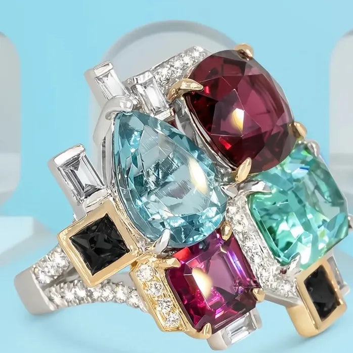 Vintage Two Tone Brass Women Rings with Colorful Cubic Zirconia Party Jewelry