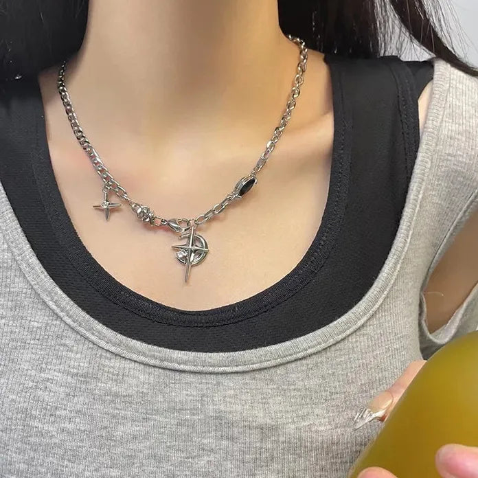 Y2K Cuban Figaro Chain Star Moon Pendant Necklace Zinc Alloy Jewelry