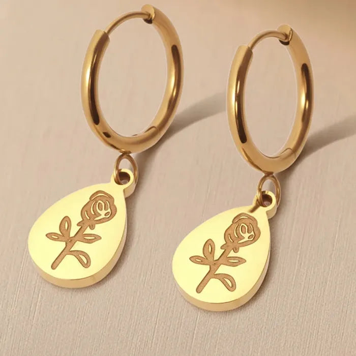 Stainless Steel Teardrop Rose Drop Earrings Romantic Dangle Gift