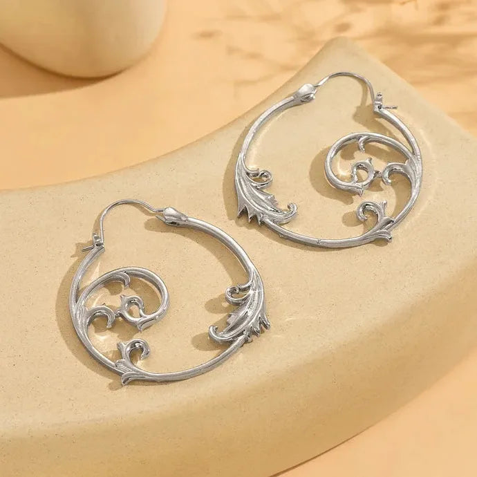 Vintage Silver Copper Metal Carved Geometric Spiral Drop Earrings Women