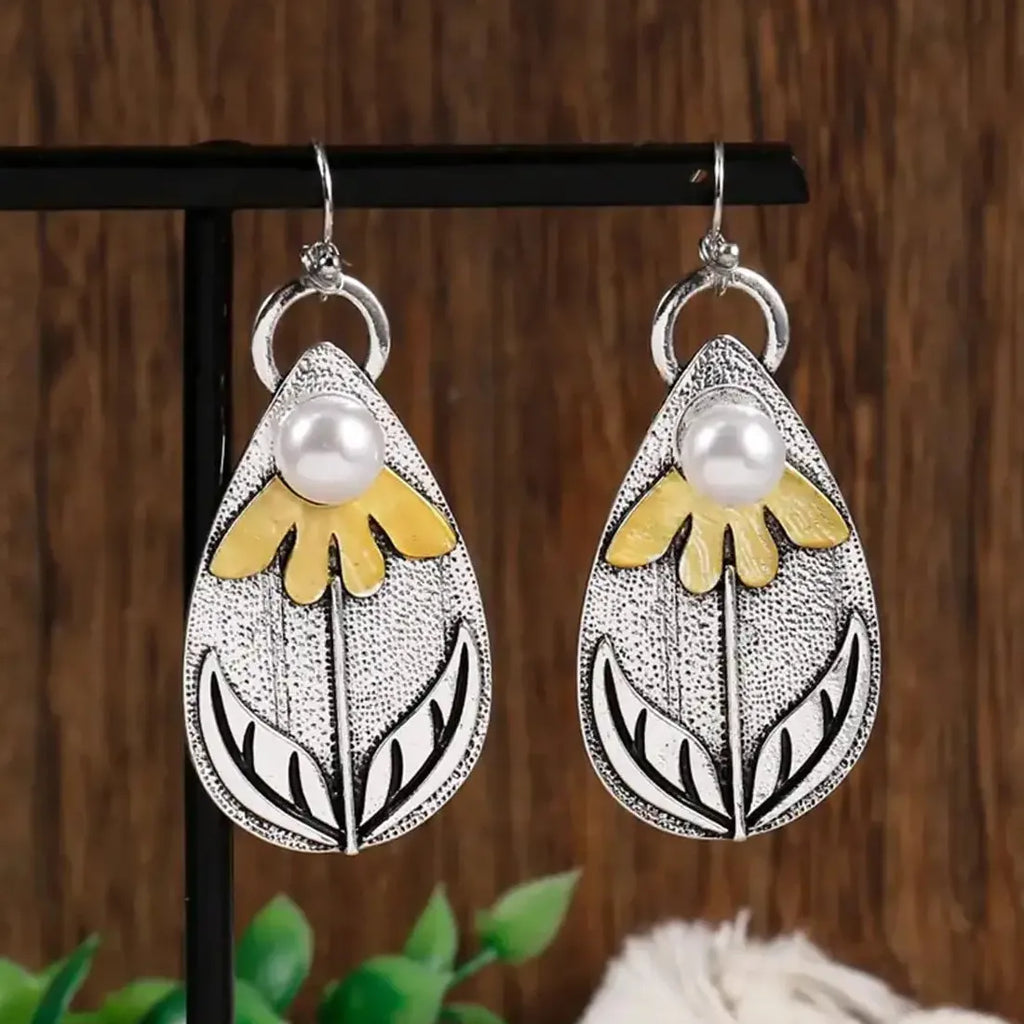 Vintage Bohemian 3D Carved Flower Pendant Pearl Drop Earrings for Women Gift