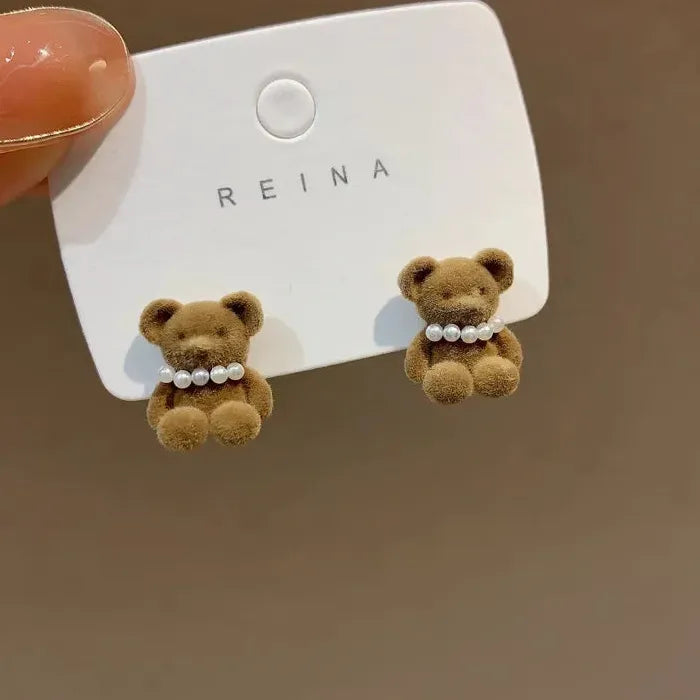 Flocking Plush Pearl Bear Stud Earrings Zinc Alloy Animal Jewelry for Women