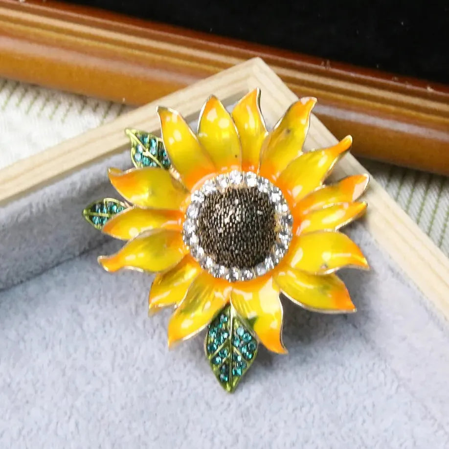 Hand Painted Sunflower Enamel Brooch with Faux Crystal Leaves Gift