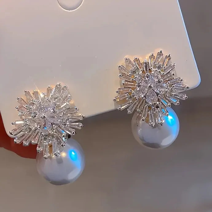 Simulated Pearl & Cubic Zirconia Geometric Drop Earrings for Women Brass Alloy