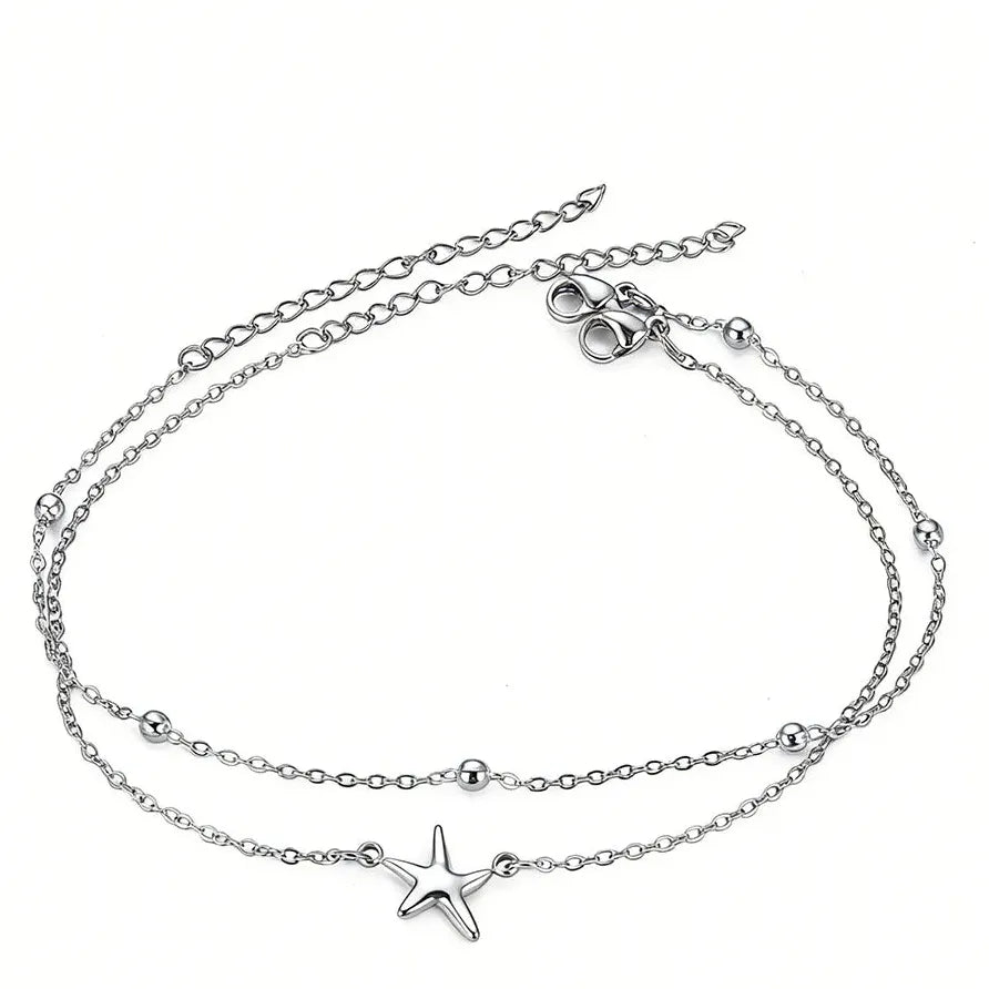 2Pcs Stainless Steel Star Double-Layer Waterproof Anklets for Women