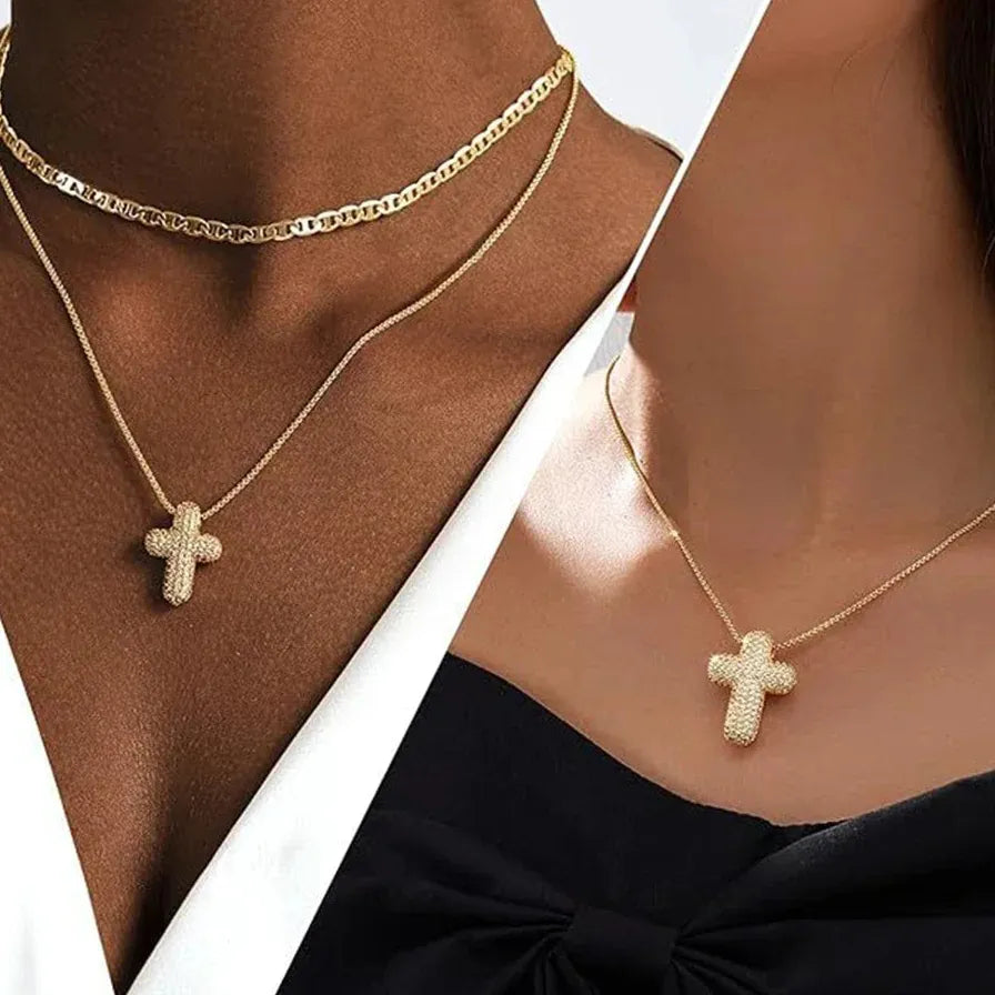 18K Gold Plated Zircon Thick Cross Pendant Necklace Stainless Steel Chain Jewelry