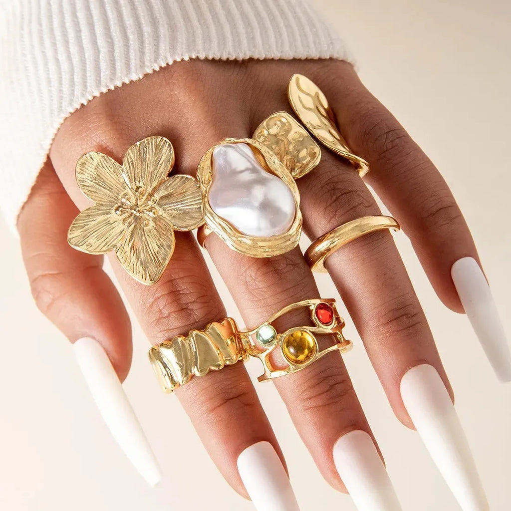 6Pcs Vintage Flower Plant Rings Set Imitation Pearl Jewelry Gifts