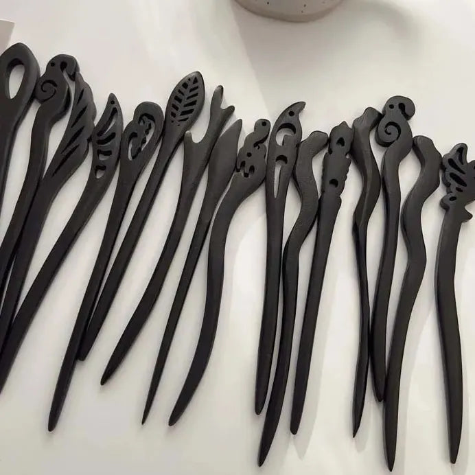 Carved Black Wooden Hair Sticks Traditional Chinese Hair Fork for Women